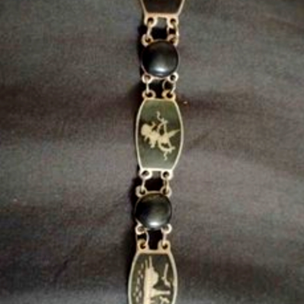 Antique Sterling Silver and Black Enamel Ethnic Dancing Siam Panel Bracelet